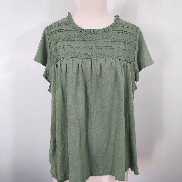 Ella Moss Shirt Top Size XXL Flowy Stretch Lace Trim Cap Sleeve Green Keyhole - Picture 3 of 13